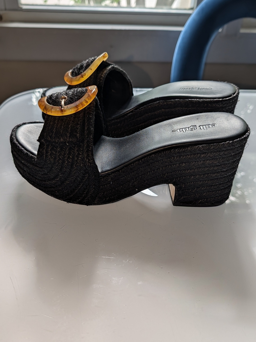 Cult Gaia Cleia - Black Woven Platform Slide Sandals with Amber Buckle